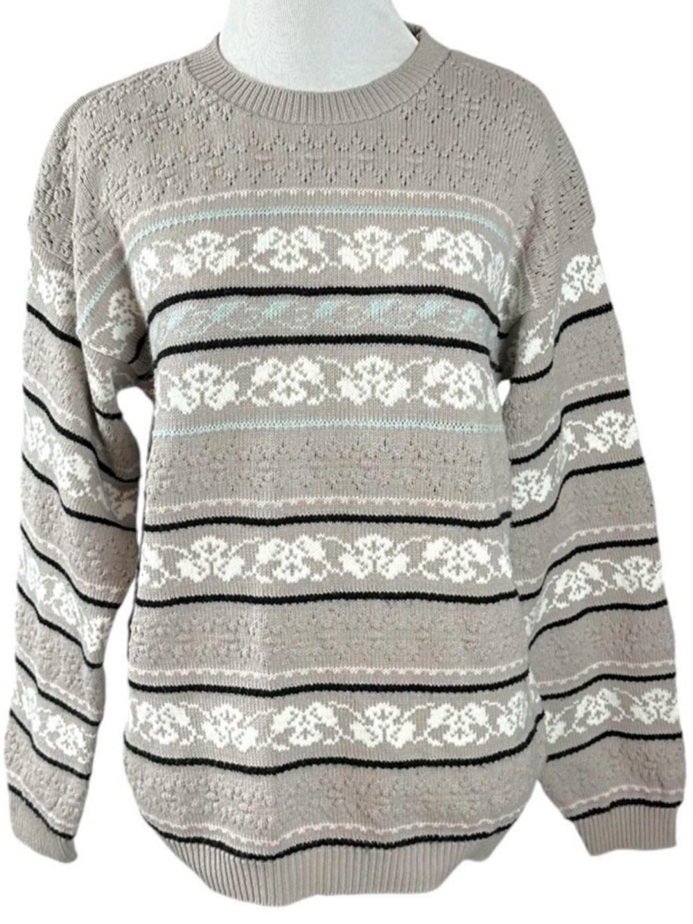 Vintage 80s Beldoch Popper Pointelle Fair Isle Sweater Neutral Floral Medium